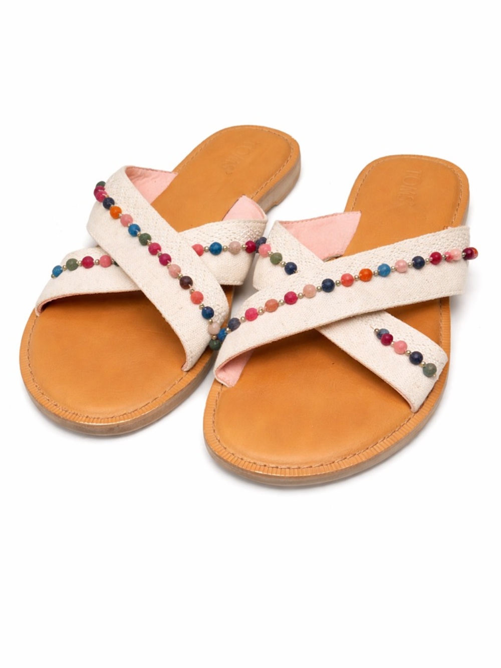 TOMS Beaded Slide Sandals Cream Boho Coastal‎ Cowgirl Summer Sz 10